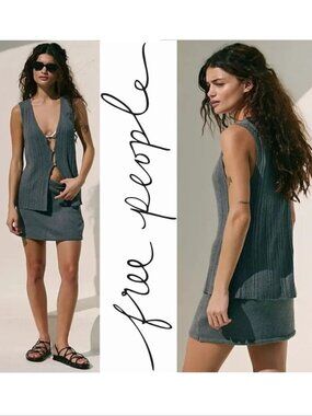 FREE PEOPLE FP BEACH Rhea Sweater Longline VEST & Mini SKIRT SET Size L Grey NEW